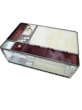 Stained Glass Trinket Jewelry Box Geometric Purple Clear Panels 6.5" Mirror Vtg